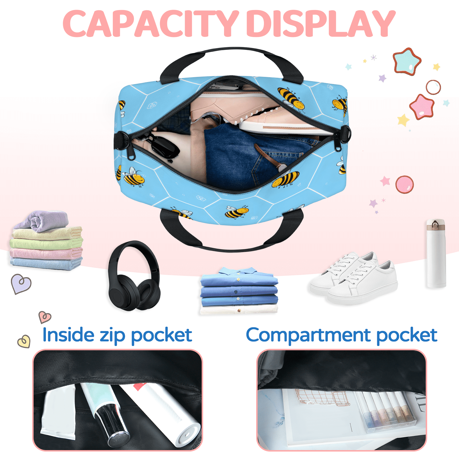 Herdesigns Cute Yellow Bee Gym Bag for Women, Duffle Bag for Travel Sport, Honeycomb Lightweight Waterproof Carry on Weekender Dance Yoga Workout Bags