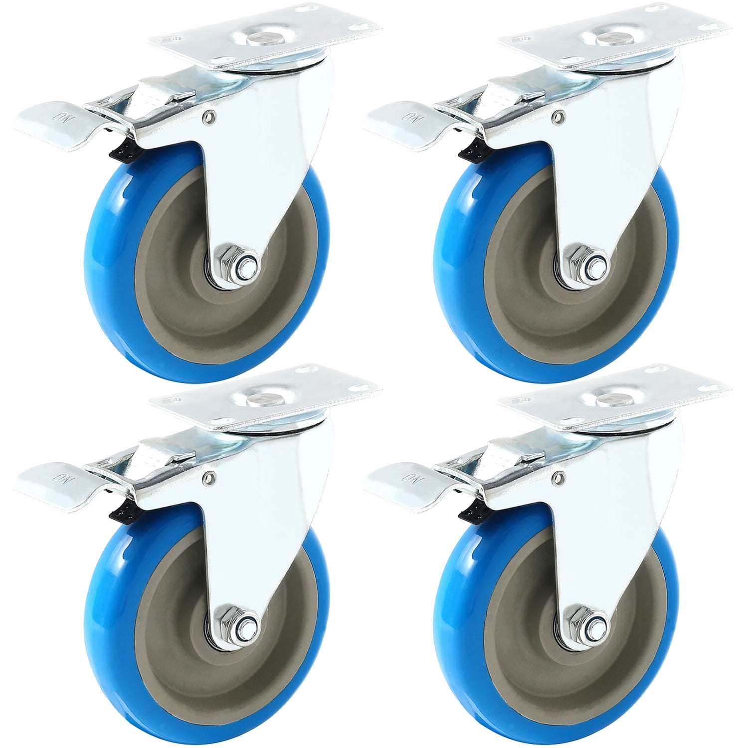 4 Pack Caster Wheels Swivel Plate Stem Break Casters On Blue
