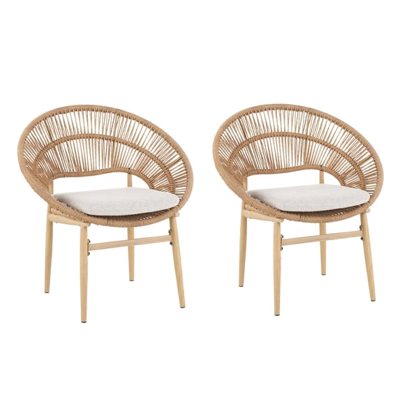 Papasan Dining Chair Set of 2, Outdoor Wicker Chairs with Cushion, Modern Iron Frame with Teak Finish & Light Brown Faux Rattan, Water-Resistant Beige Cushion