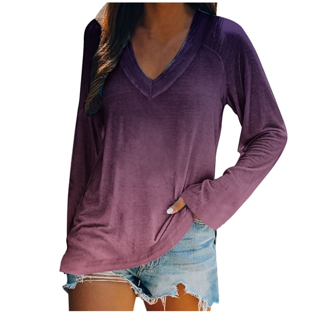 KIHOUT - Blusas casuales para mujer, liquidación 2024, moda clásica, color degradado, cuello en V, blusas holgadas básicas de otoño, blusas tipo túnica de manga larga