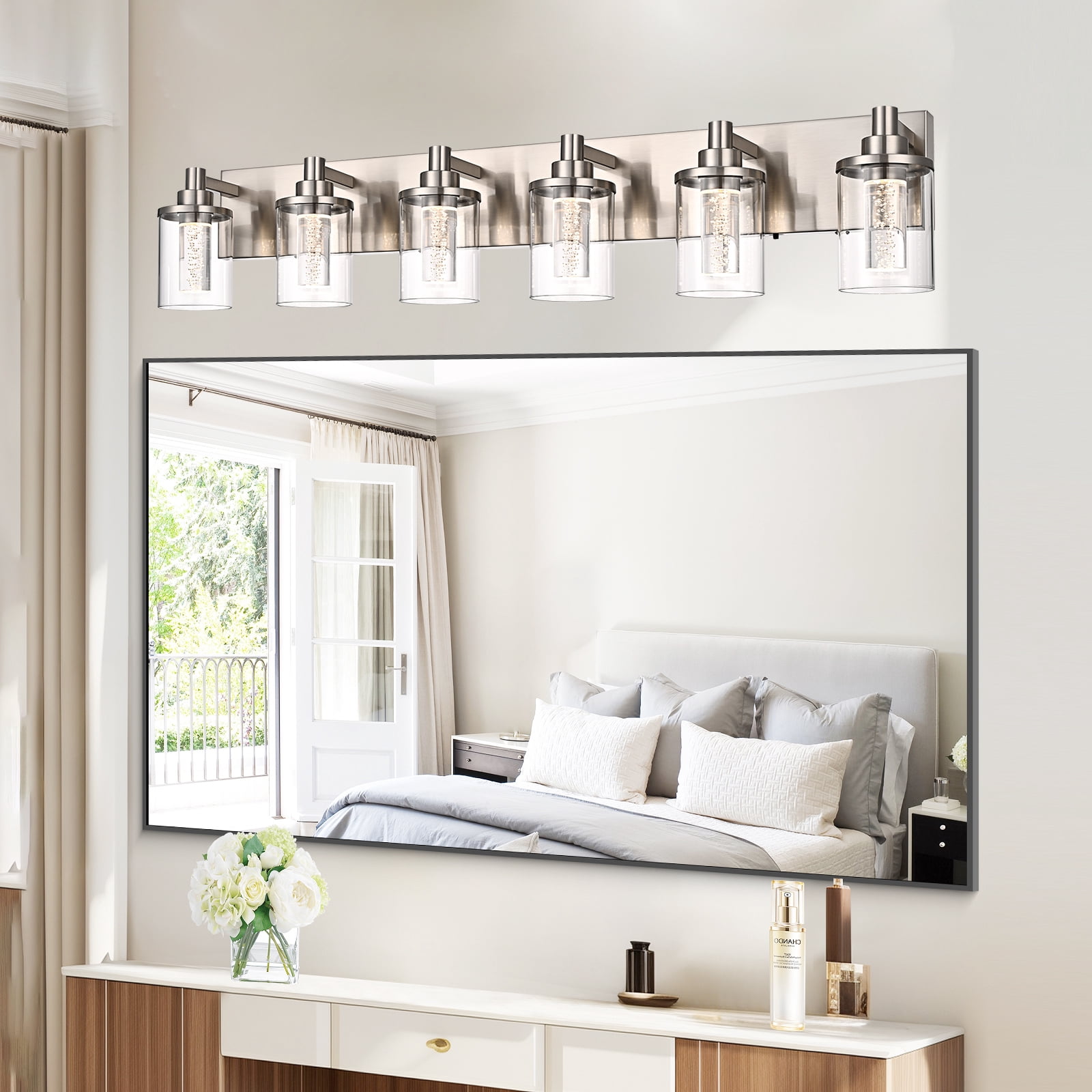 Melucee 5CCT Dimmable LED Brushed Nickel Vanity Lights 6-light, Modern Vanity Lighting Fixtures with Crystal Light Columns and Clear Glass for Bathroom Bedroom