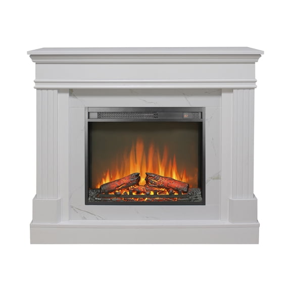Lisonu 44" Nordic White Electric Fireplace Mantel with Realistic 3D Flame, Faux Stone Texture Surround & Remote Control for Cozy Living Room Decor