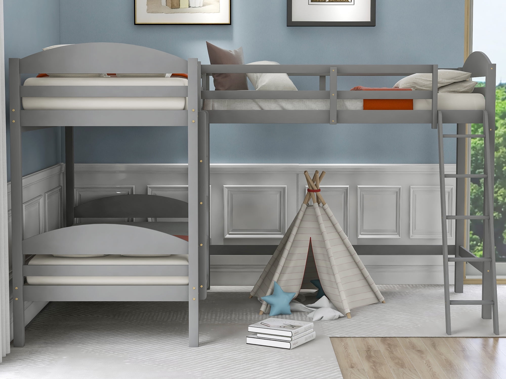 Cfowner Wood Twin LShaped Loft Bed for Kids, Corner Loft Bunk Bed