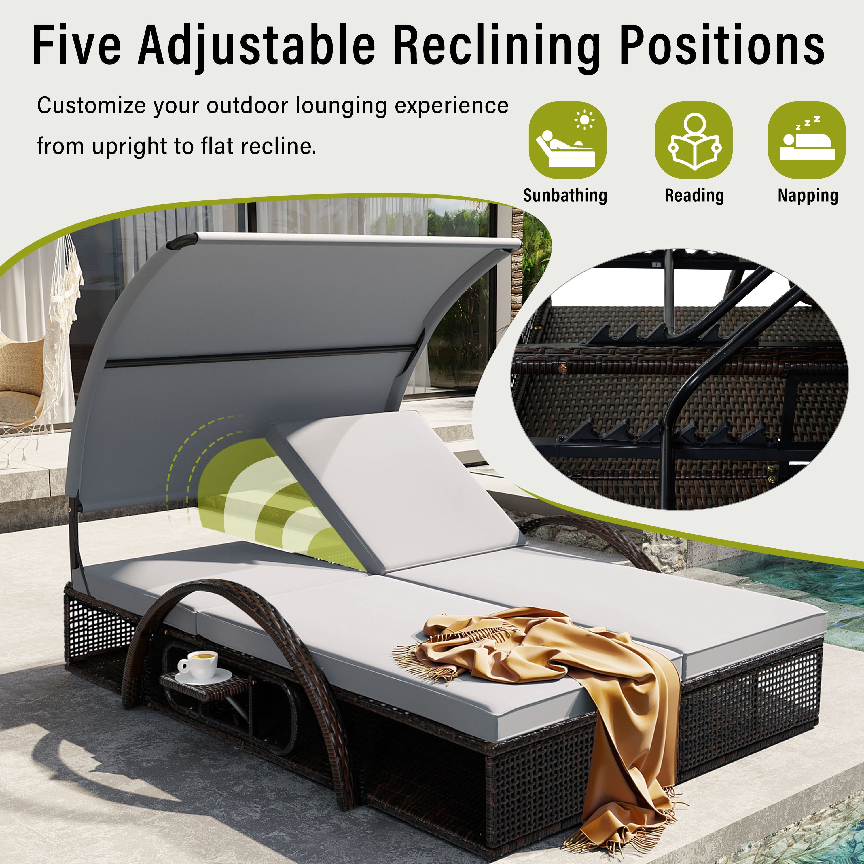 Mintazer 72.8" Outdoor Double Chaise Lounge with Adjustable Canopy & Pop-Up Side Table, Patio Double Sunbed with Arched Armrests for Patio Poolside, Brown & Gray