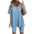 thumbnail image 2 of LOVZFMLL Two Piece Sets for Women Oversized V Neck Basic T-Shirt and Biker Shorts Matching Short Sets Summer Casual Outfits Loungewear Blue B L, 2 of 4