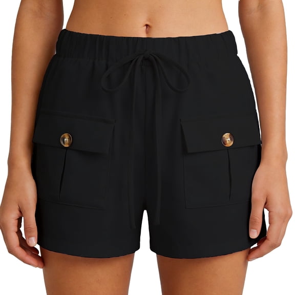 Rggeeun Women'S Shorts Solid Color Elastic High Waist Cargo Soft Mid-Rise Loose Fit Straight Leg With Side Plus Pockets & Adjustable Tie For Summer Work Leisure Hot Pants,Black,L