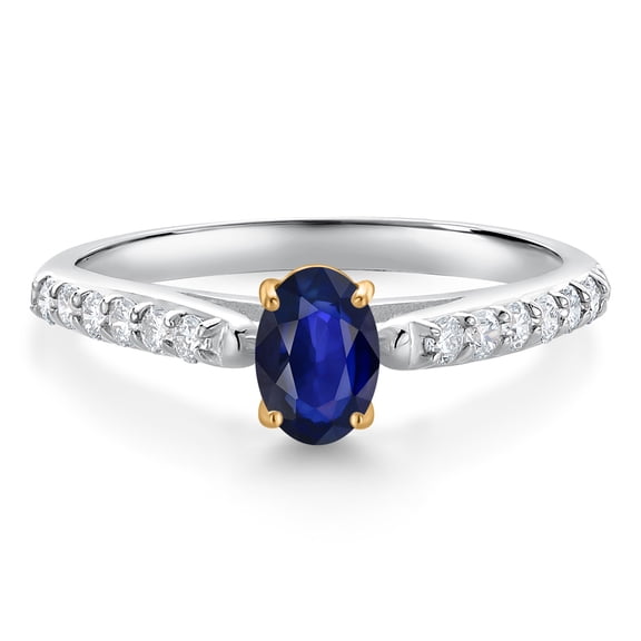 Gem Stone King 10K White and Yellow Gold Blue Sapphire and White Lab Grown Diamond Engagement Ring for Women (0.73 Cttw, Oval 6X4MM, Gemstone September Birthstone, Size 5)