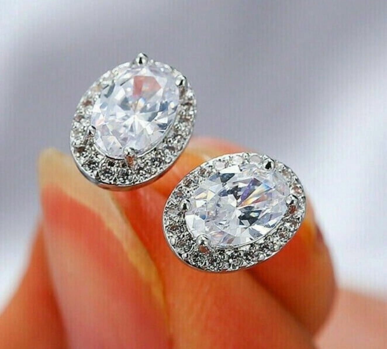 Silver & Stone Jewels Beautiful New Silver 14k White Gold Plated Clear Oval CZ w/ Halo Stud Earrings