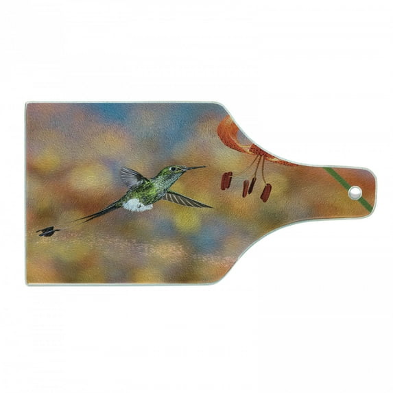 Hummingbird Cutting Board, Booted Racket Tail Feeding Nectar from Tiger Lily Blur Background Photo, Decorative Tempered Glass Cutting and Serving Board, Wine Bottle Shape, Orange Green, by Ambesonne