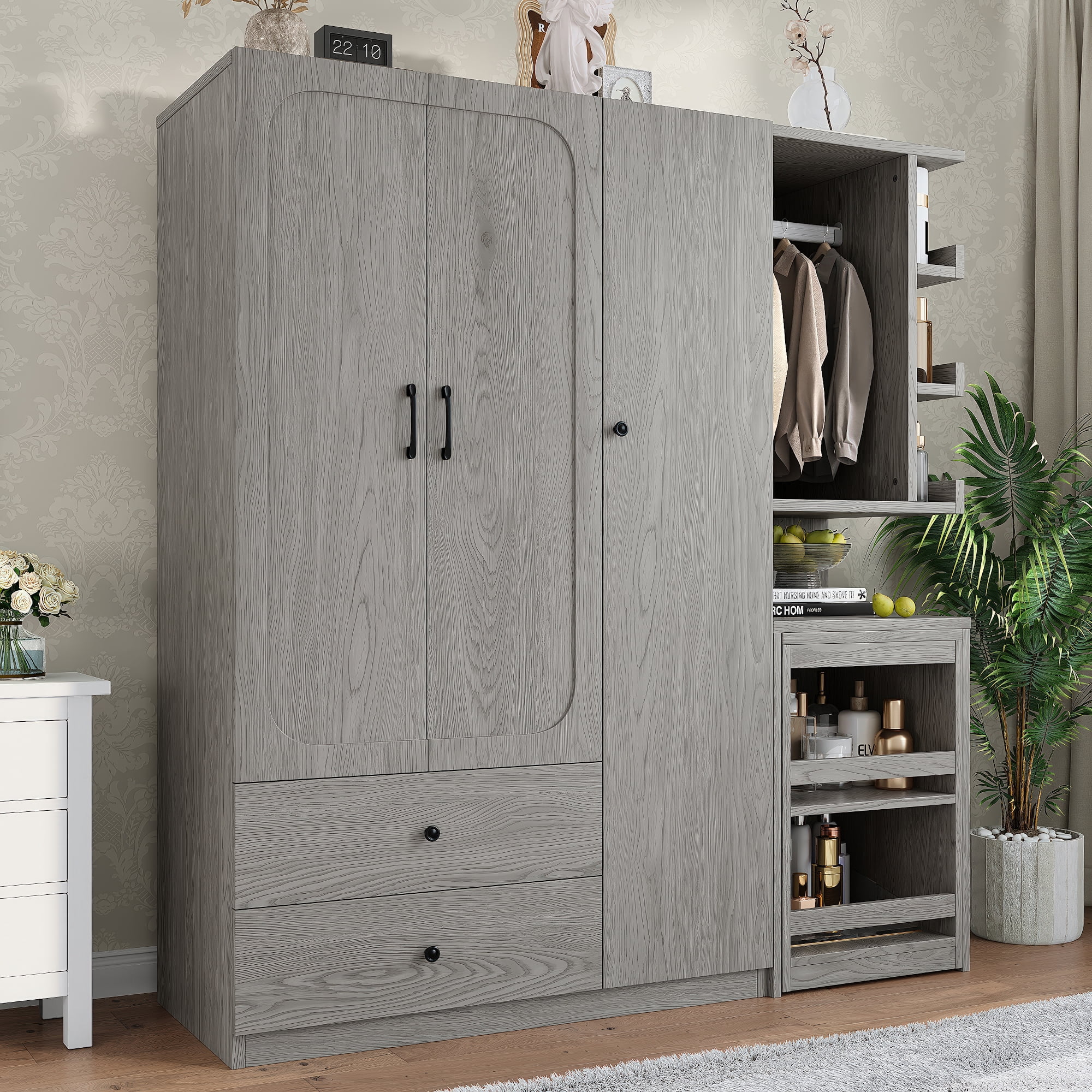 Mintazer Multifunctional Wardrobe Closet with Convertible Foldable Desk & Open Shelves, Clothes Storage Cabinet with Hanging Rod & Drawers for Bedroom Cloakroom Apartment, Gray