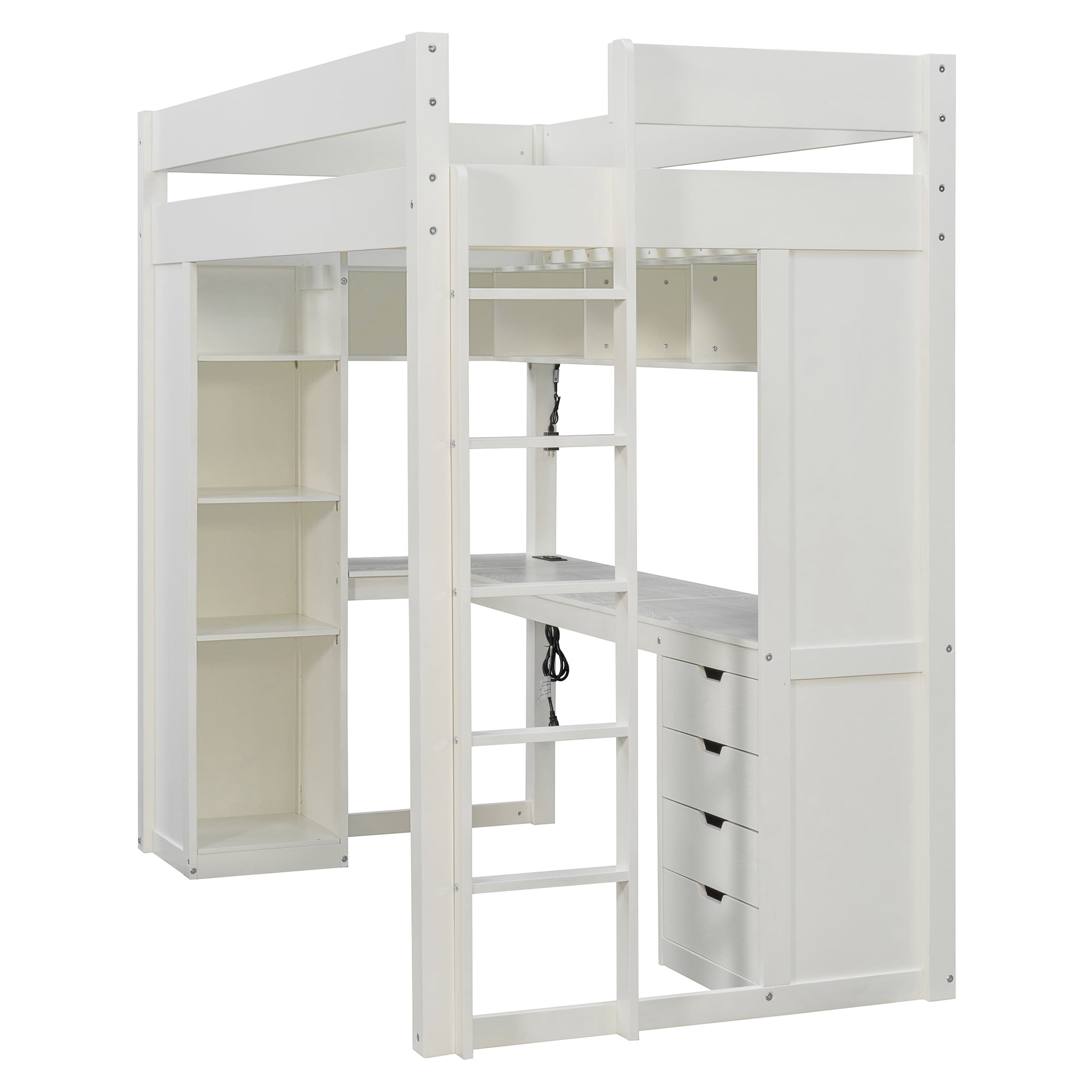 Mintazer Twin Loft Bed with L-Shaped Desk & Smart LED Lights and Charge Station, Modern Loft Bed with 4 Storage Drawers & Shelves, White