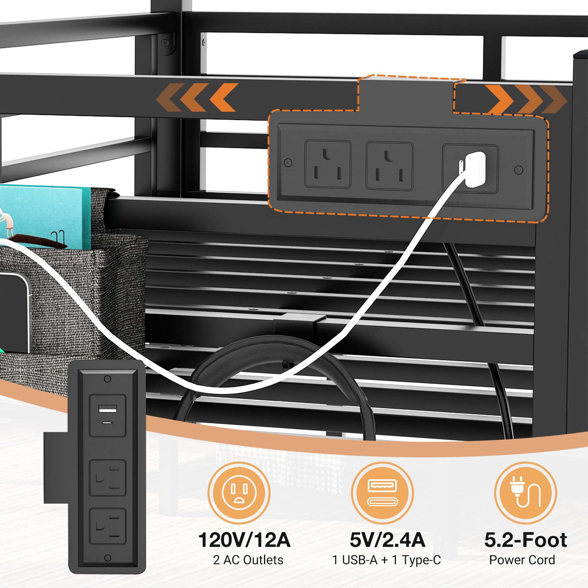 Twin XL Over Queen Metal Bunk Bed Frame with Charging Station, Storage Bag for Adult Bunk Bed, Black