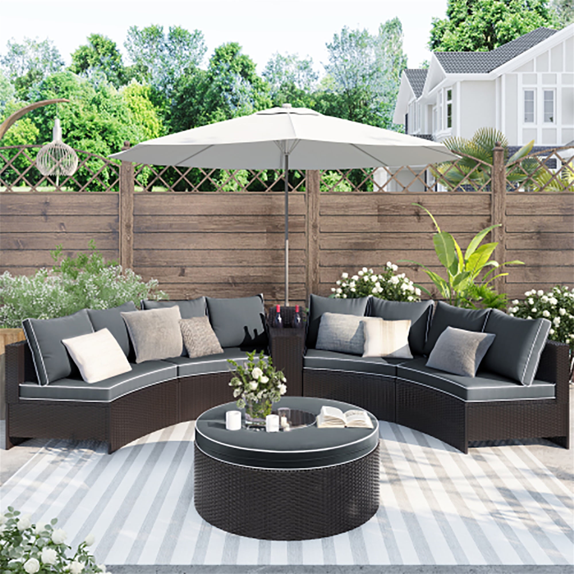 Kadyn Outdoor Combination Semi-circular Patio Rattan Sofa Set with a Storage Side Table for Umbrellas and a Multifunctional Round Table, Brown + Gray PE Wicker Conversation Furniture Set Kadyn Outdoor Combination Semi-circular Patio Rattan Sofa Set with a Storage Side Table for Umbrellas and a Multifunctional Round Table, Brown + Gray PE Wicker Conversation Furniture Set