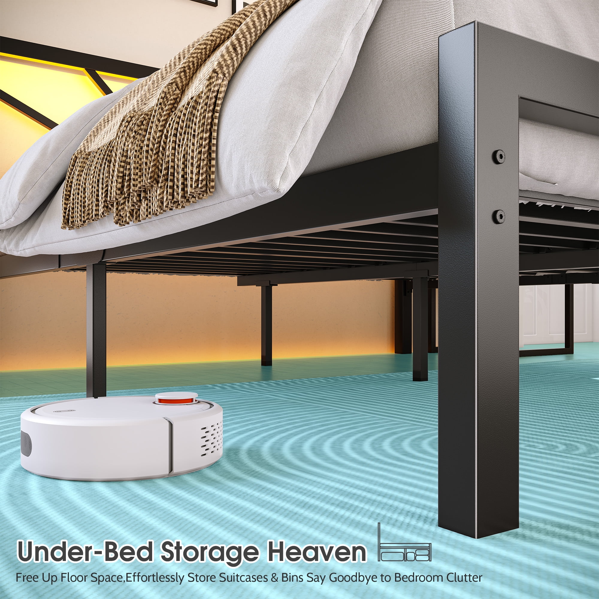 Queen Size Metal Bed Frame with Headboard Metal Platform Bed Frame with LED Lights Bed Frame Twin with Storage Underbed, Noise Free, No Box Spring, Black