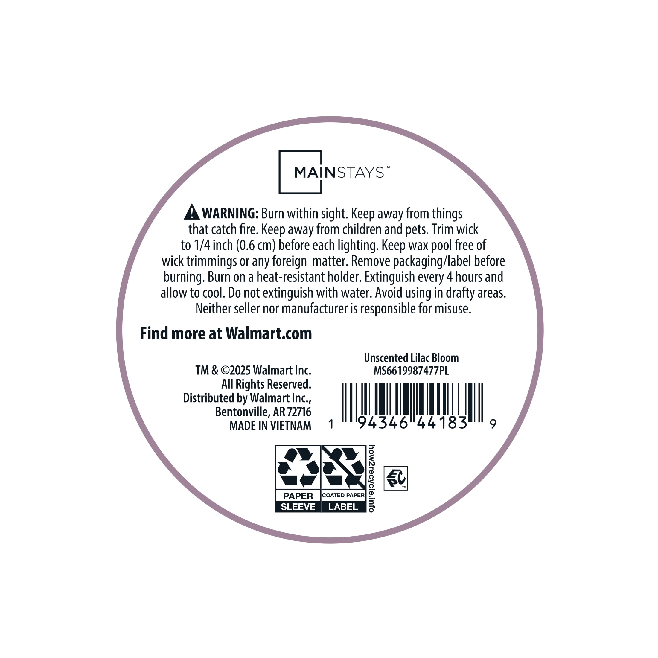 Mainstays 3 in x 4 in Unscented Pillar Candle, Purple