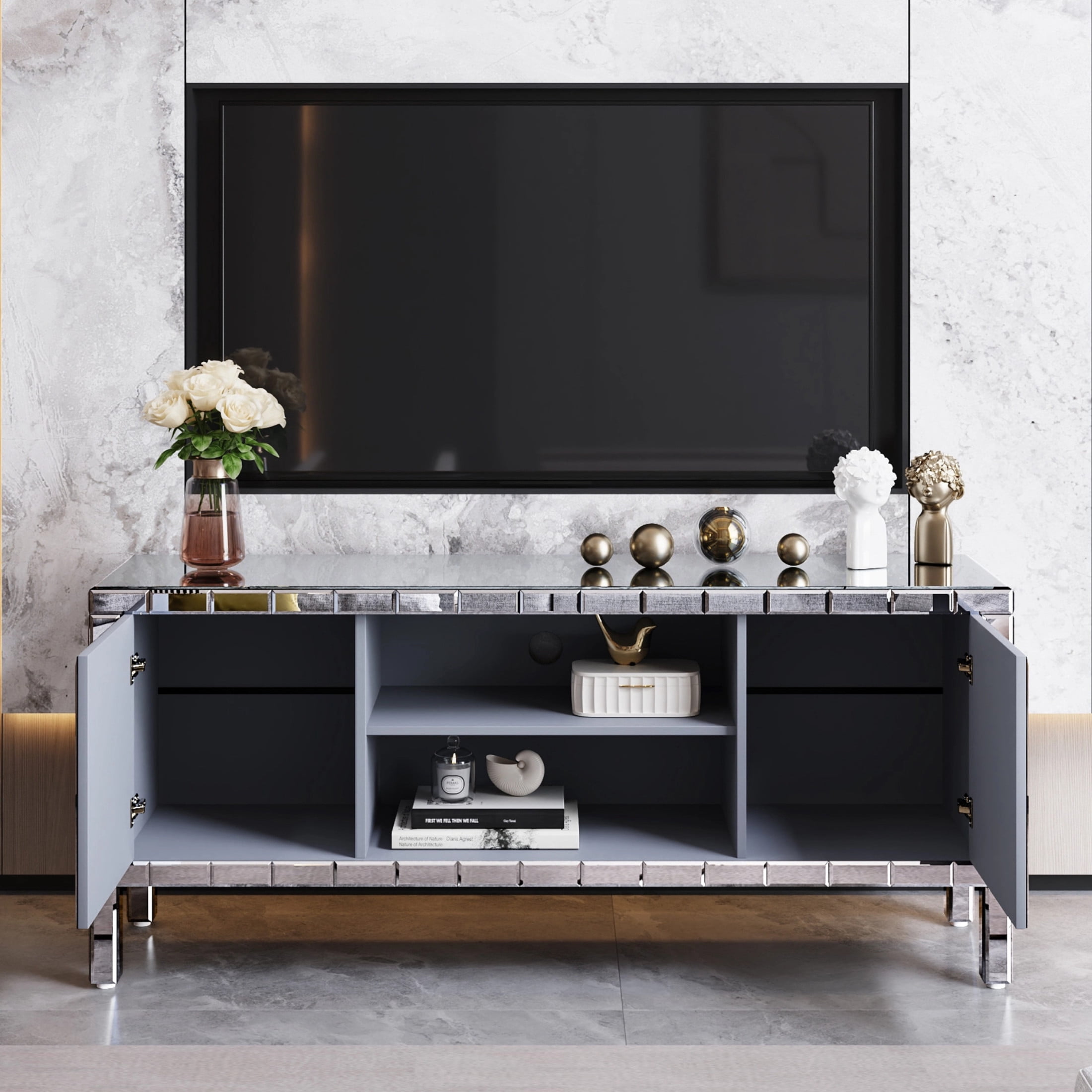 Noble House 60" Modern Mirrored TV Stand, Crushed Diamond Glass Doors Media Console with Adjustable Storage, Silver
