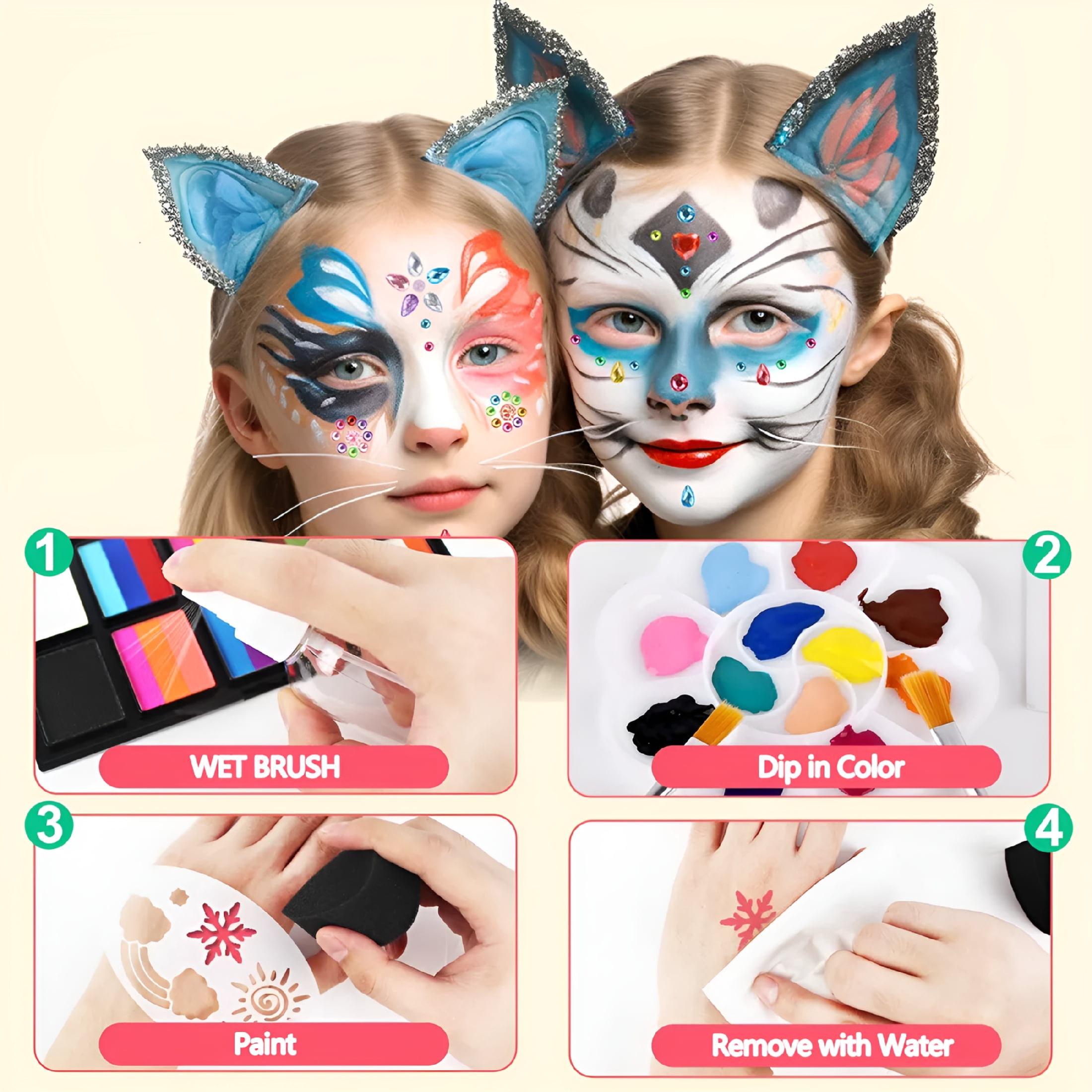 RAGUPEL Face Body Paint Kit – 42 Colors Water-Based And Oil-Based Non-Toxic Makeup Palette with Brushes And Stencils, Safe for Kids And Adults, Halloween, Cosplay, Sfx, Party And Stage Makeup