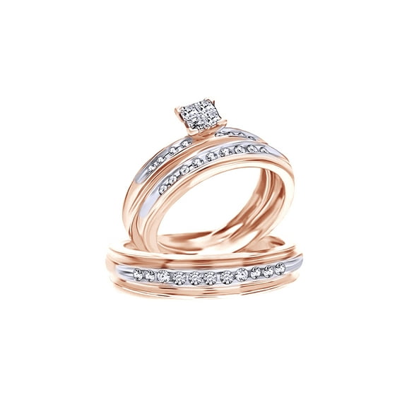 AFFY White Natural Diamond Wedding Trio Band Ring Set In 10k Rose Gold (0.5 Cttw)