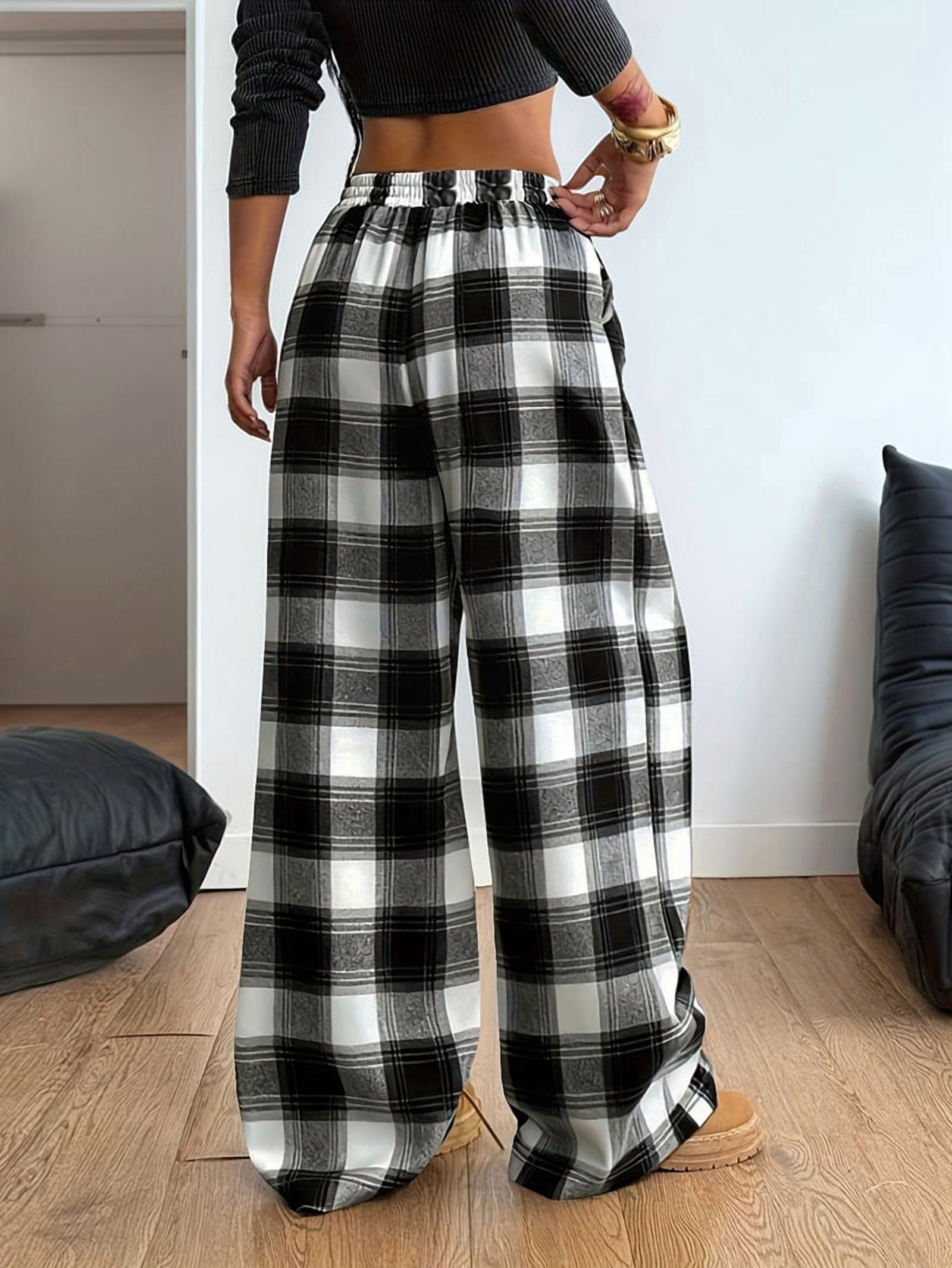 Women'S Plaid Checkered Pants Flannel Pajama Pants Lounge Wide Leg