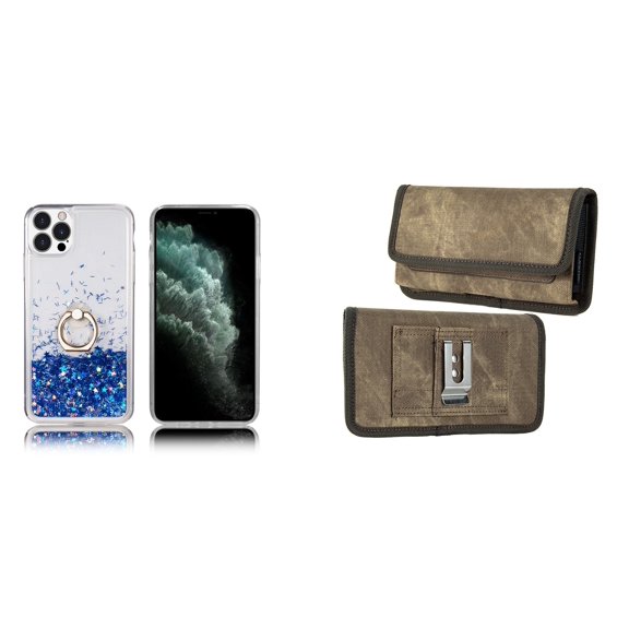 Waterfall Liquid Glitter Stand Case and Belt Holster Pouch for iPhone 14 Pro (Blue/Brown)