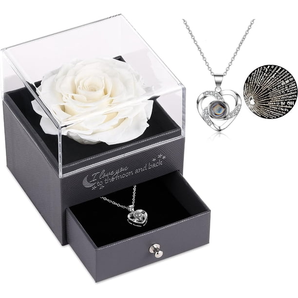 Regalos para ella Cajón de rosas reales preservadas Rosa eterna preservada hecha a mano con collar Regalo en 100 idiomas, Rosa real encantada para el Día de San Valentín, Día de la Madre (Blanco) JM Flores artificiales