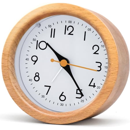 4 '' Natural Wooden Analog Alarm Clock with Soft Night Light Battery Operated Non Ticking Silent