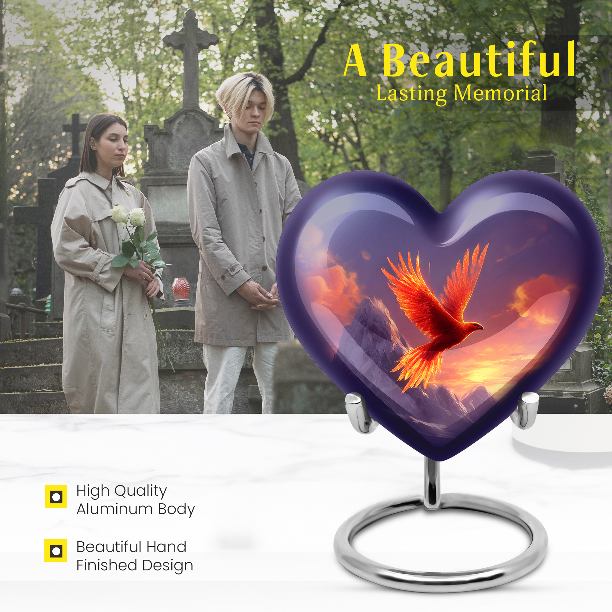 MUKTIVE Fiery Phoenix Urns for Human Ashes for Cremains, Mountain Urns for Human Ashes Adult Male & Female 3 Inch, Blue Heart Urn for Adult Male, Funeral Small Keepsake Urn for Mom & Dad, 3 Inch