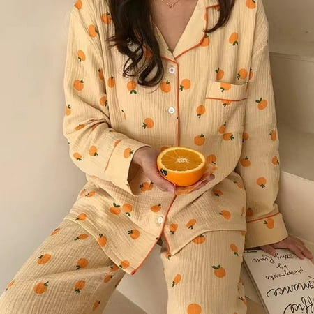 

CoCopeaunt Cotton Gauze Pajamas for Women Korean Long Sleepwear Orange Print Pijamas Pyjamas Short Sleeve 2 Piece Female Set Dropshipping