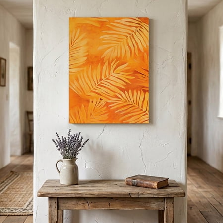 Ships Next Day Canvas Wall Art 18 x24 Botanical Orange Wood Framed Canvas Print Painting Tropical Palm Leaf Modernism Ready to Hang Picture Wall Decor for Home Bedroom Living Room Dining