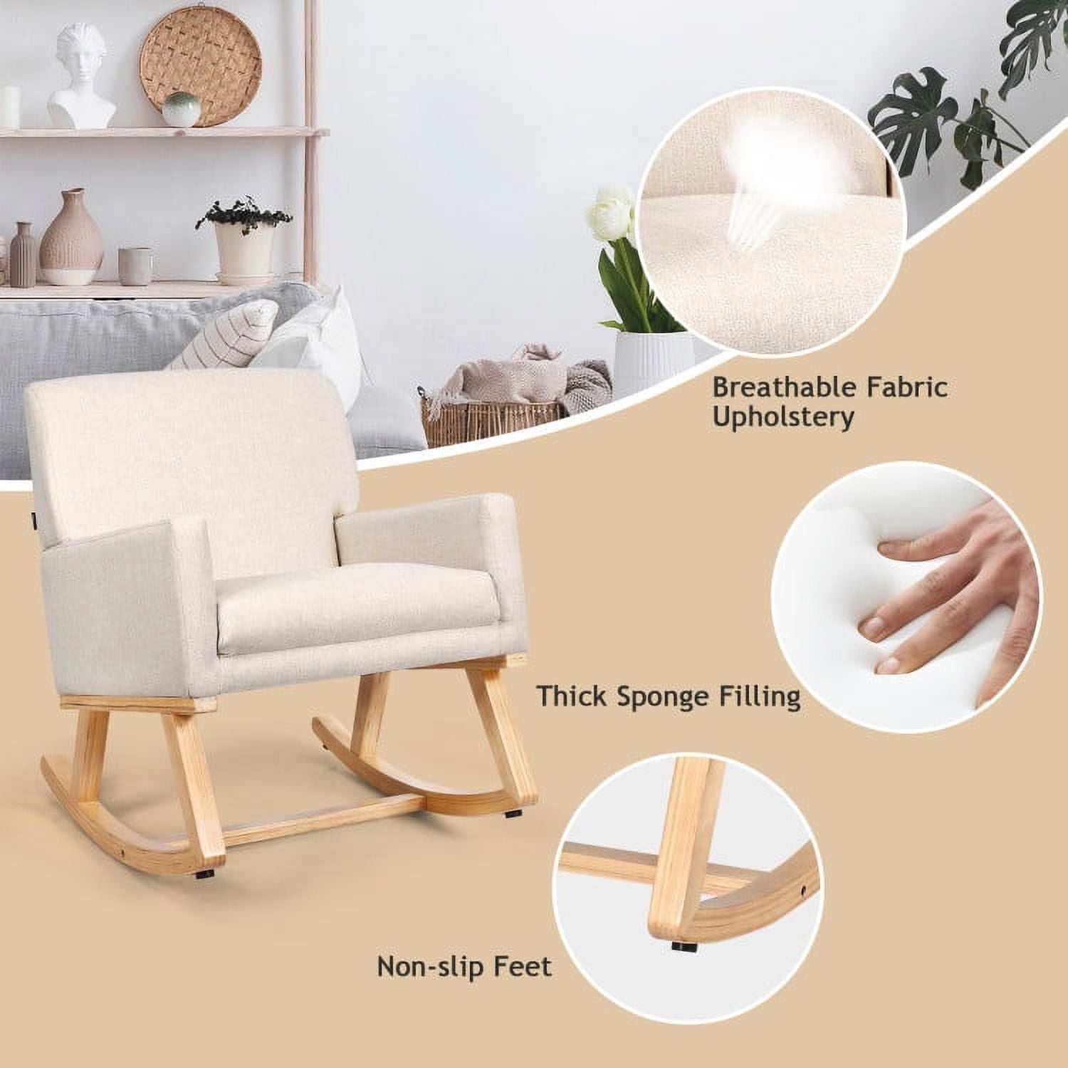 Finihen Rocking Chair, Upholstered Rocking Chair with and Solid Wood Base, Office Rocking Armchair, Comfortable Rocker for Living Room, Bedroom, Study Room, Beige Finihen Rocking Chair, Upholstered Rocking Chair with and Solid Wood Base, Office Rocking Armchair, Comfortable Rocker for Living Room, Bedroom, Study Room, Beige