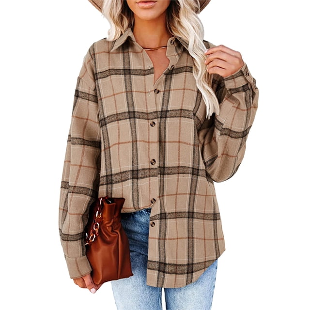 Camisa informal a cuadros para mujer, abrigo de solapa informal con un solo pecho y manga larga para todas las estaciones, color caqui S