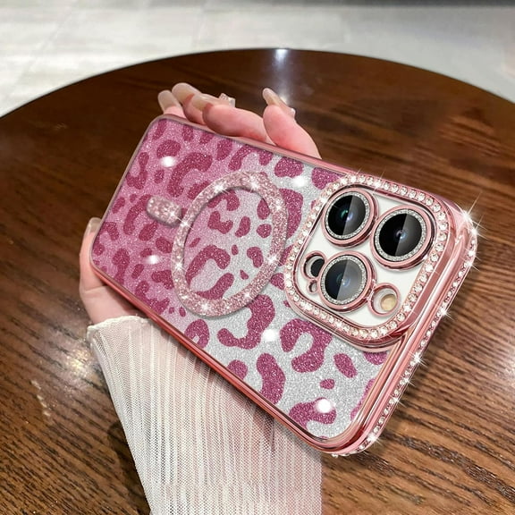 Compatible with iPhone 14 Pro Max Case Plating Magnetic [Support for Magsafe] Bling Glitter Sparkly Leopard Back Diamond Camera Lens Cover Crystal Matte Luxury Case for Girls Women -Pink