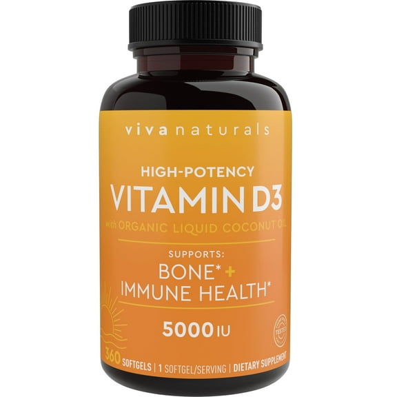 Viva Naturals High-Potency Vitamin D3 5,000 IU with Organic Liquid Coconut Oil, 360 Softgels