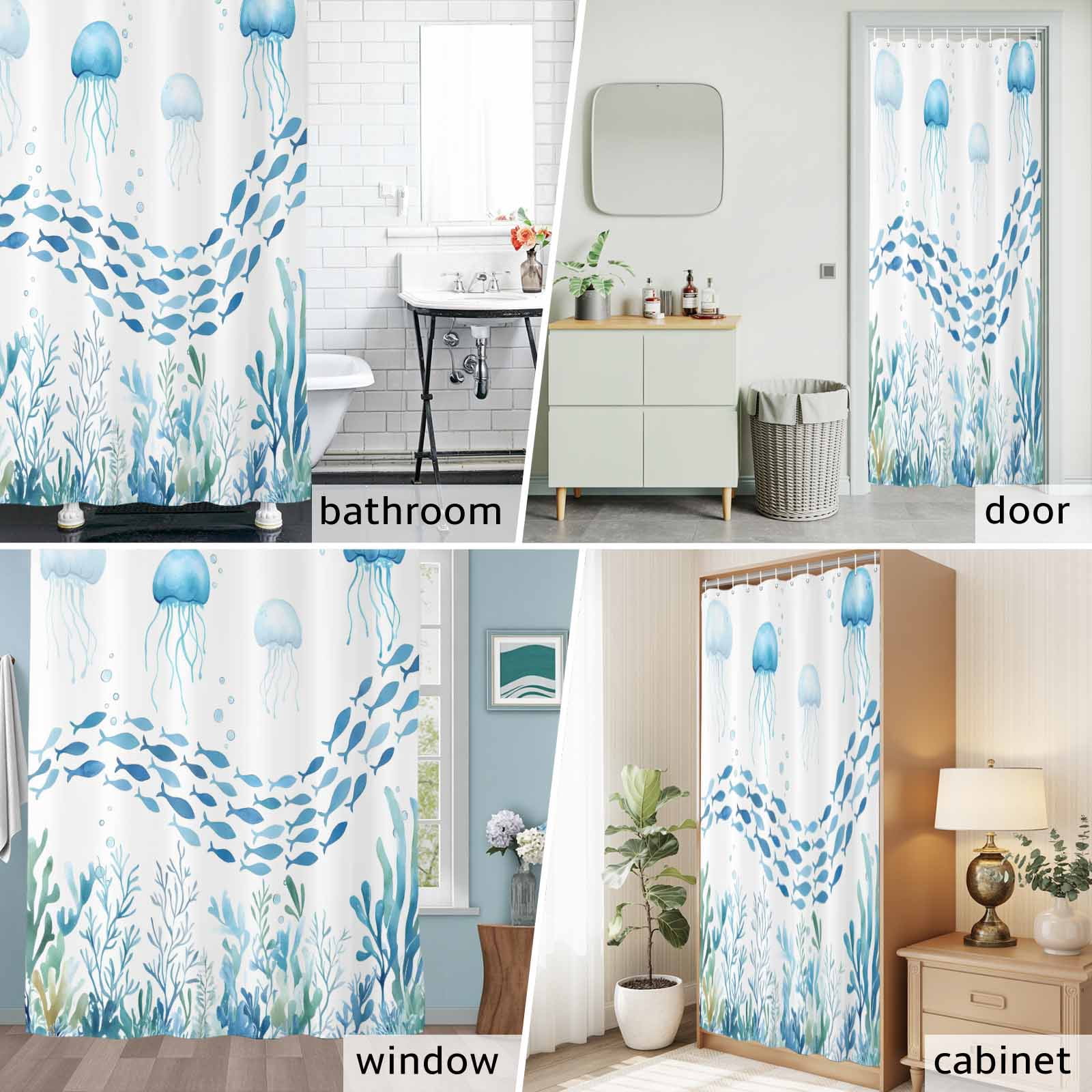 Shower Curtain Bathroom Set Underwater Life Octopus Fish Seaweed Waterproof Fabric Shower Curtains with Grommets&Hooks, Marine Theme Coral Privacy Bath Curtain for Bathtub 72x72in