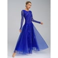 thumbnail image 3 of iiniim Women's Ballroom Dance Competition Dress Floral Lace Long Sleeves Rhinestones Waltz Modern Dancewear Blue XXL, 3 of 7