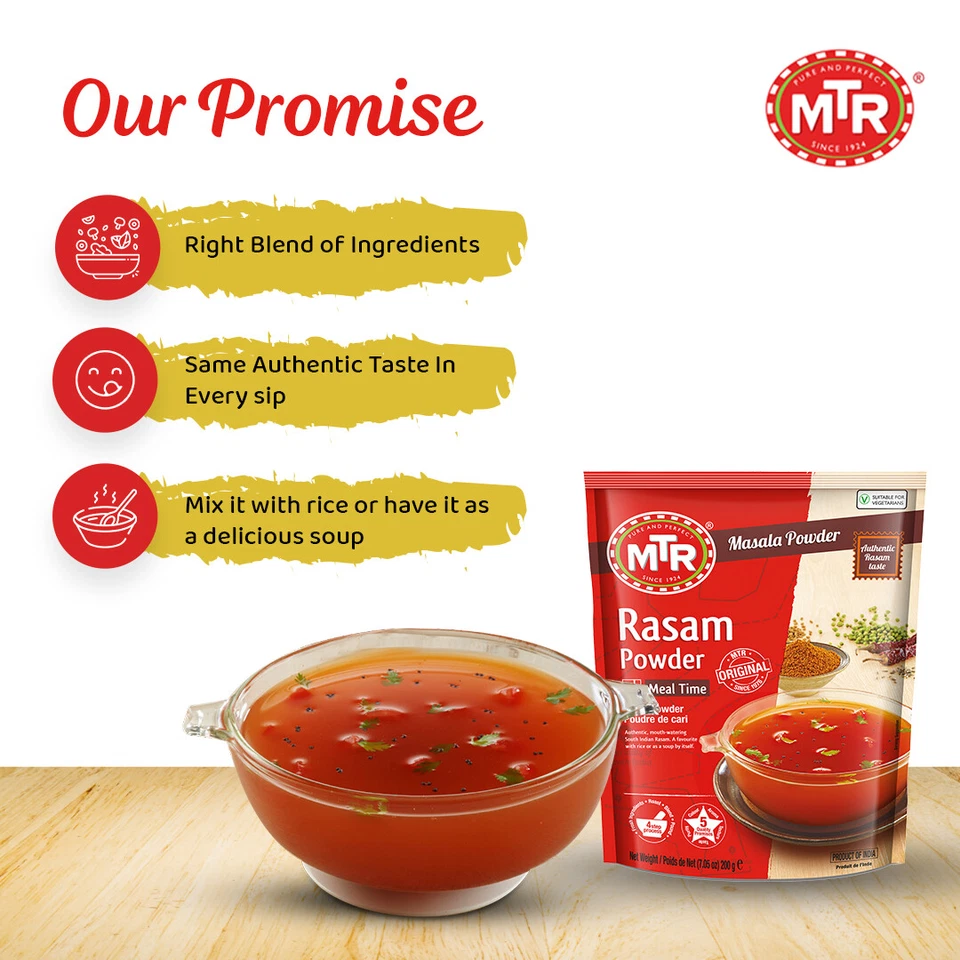 MTR Rasam Powder – Authentic Indian Blend of Coriander, Red Chilli, Cumin, Fenugreek & Asafoetida – Mouth-Watering, Perfect for Rich, Flavorful Rasam – (200g, Pack of 6)