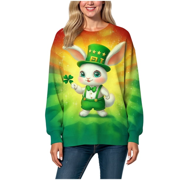 Xuyuer St Patricks Day Long Sleeve Shirt Women Lucky Shamrock Clover Love Graphic Shirts Irish Gifts Tee Tops