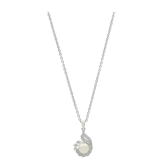 Gold Coast Platinum Plated Pearl and Cubic Zirconia Swirl Pendant and Necklace
