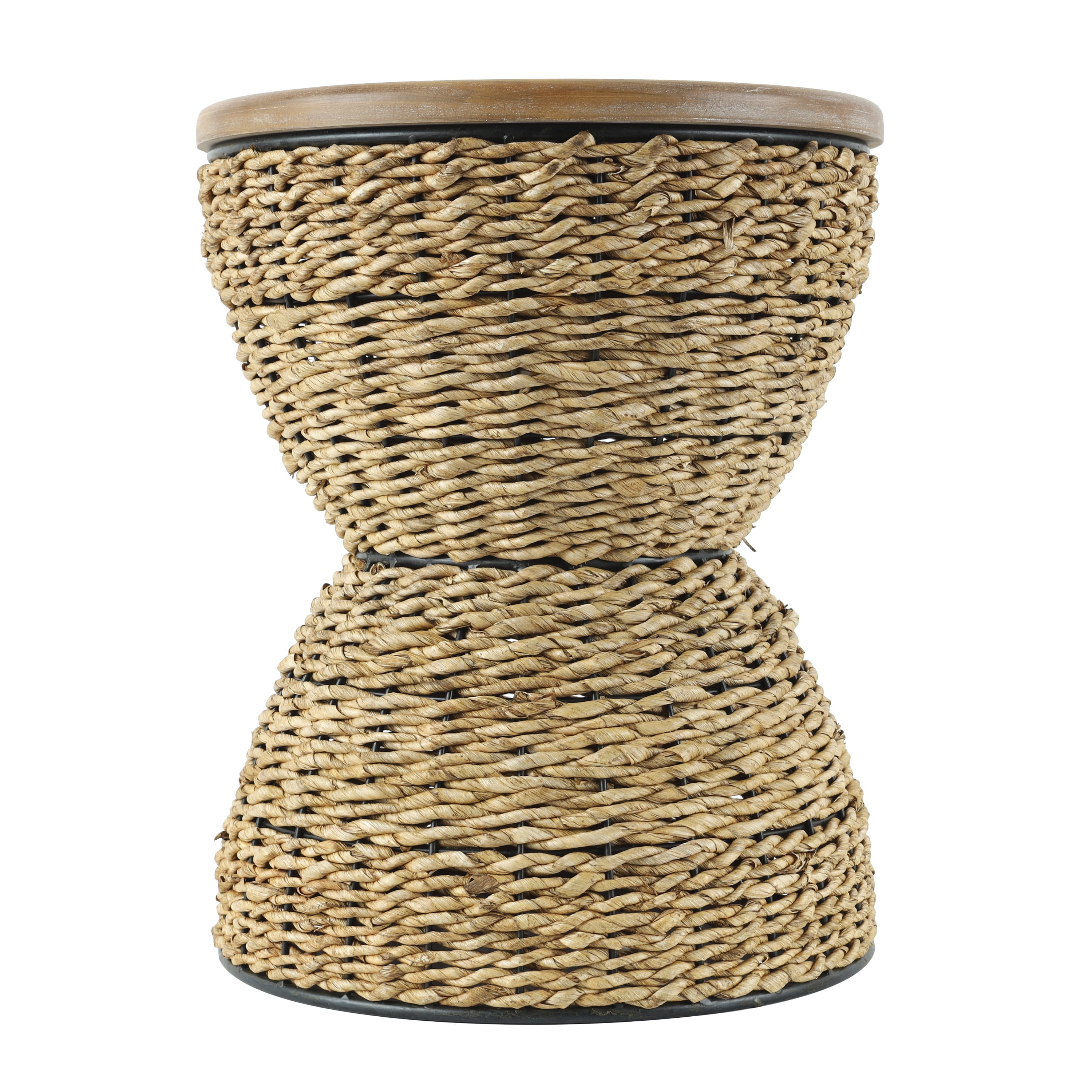 DecMode Rattan Handmade Woven Stool with Wood Tabletop and Black Frame, Brown