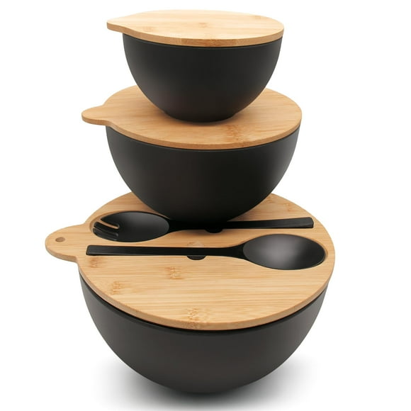 ECOWAY Salad Bowls Set of 3 with Seal Lid & Serving Utensils, Bamboo Fiber Mixing Bowls Set Large Serving Bowls & Storage Set with Bamboo Lid for Salad, Kitchen Eating, Pasta, Popc