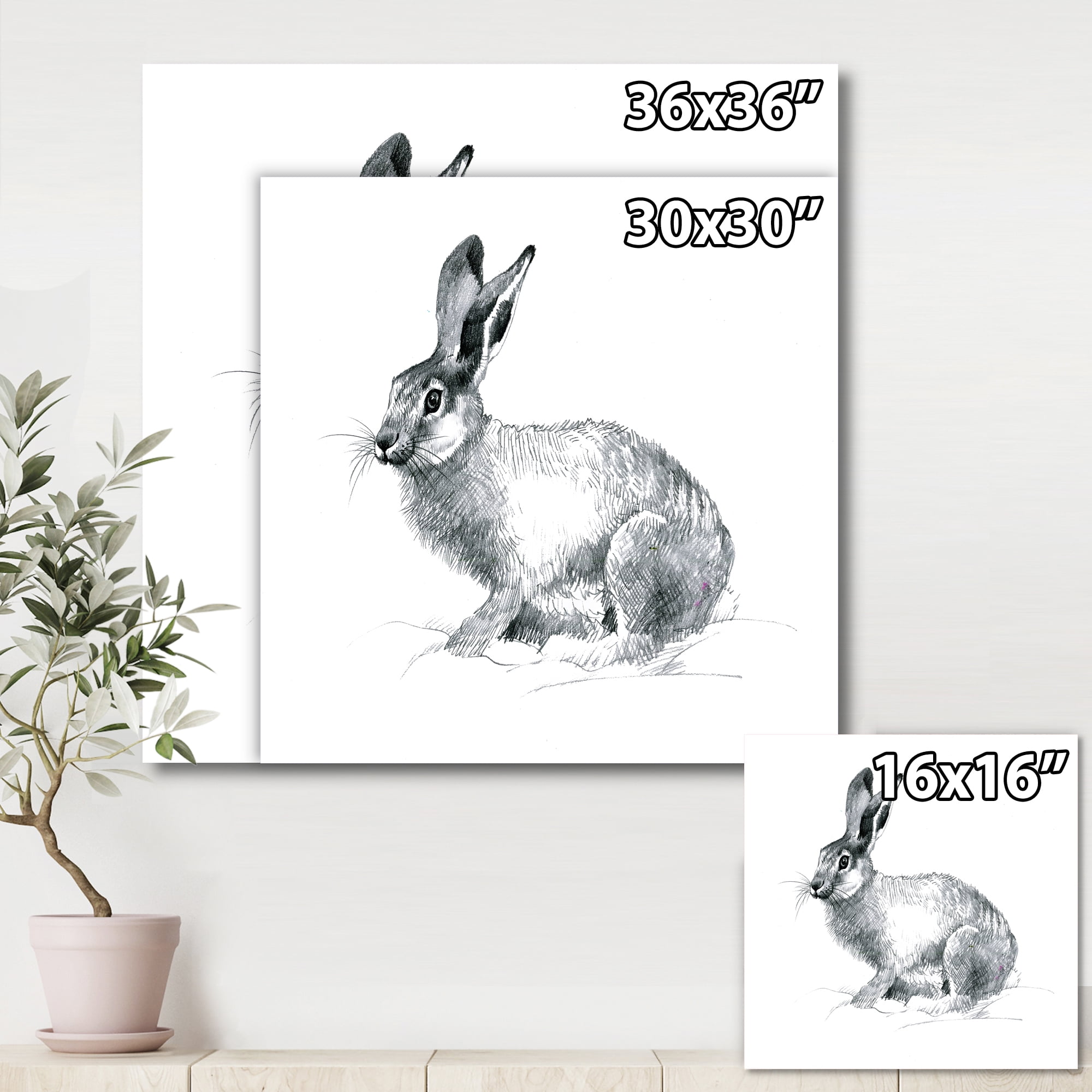 Designart ' Black and White Portrait Of Rabbit ' Farmhouse Canvas Wall Art Print