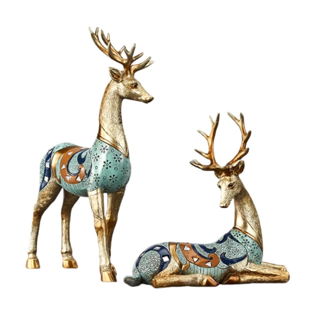 2 estatuas de alce, figuras de ciervo, estatuas decorativas de reno nórdico, esculturas de ciervo para oficina, gabinete, sala de estar, mesa de