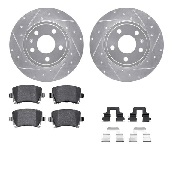 Dynamic Friction Company Rear Brake Rotors-Drilled and Slotted-Silver with 5000 Advanced Brake Pads includes Hardware 7512-73043