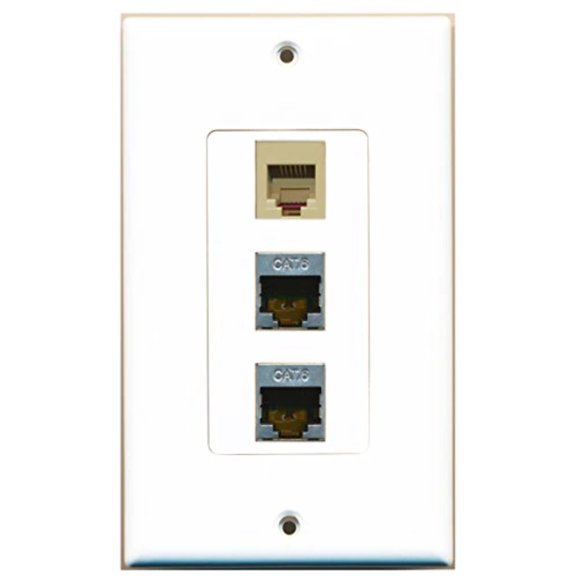 RiteAV - 1 Port Phone RJ11 RJ12 Beige 2 Port Shielded Cat6 Ethernet Decorative Wall Plate Decorative