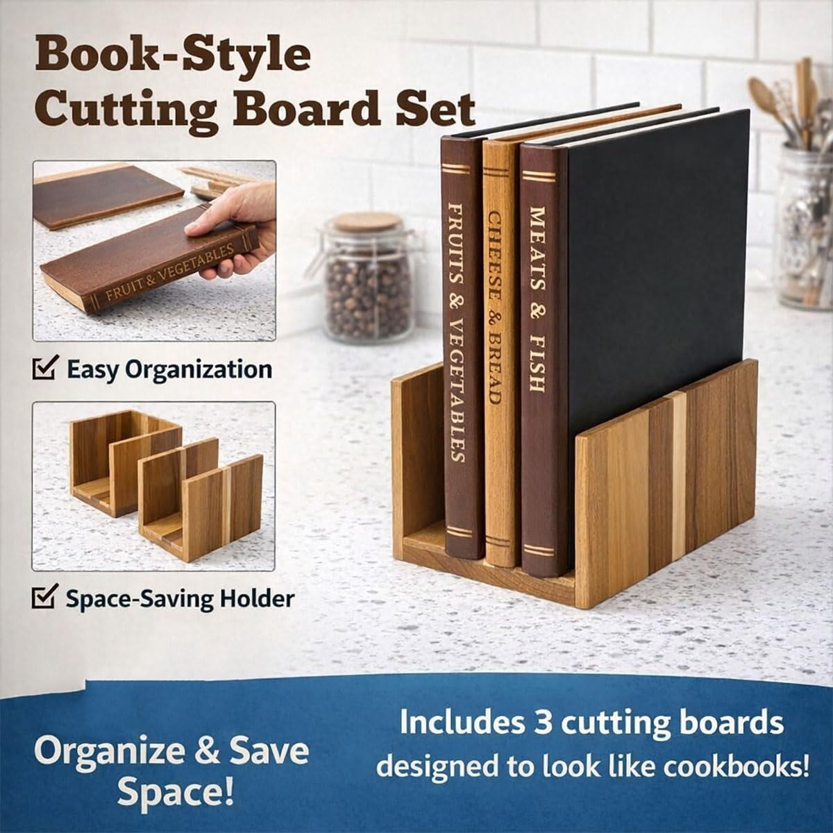 3-Pack Book Shaped Acacia Wood Cutting Board Set with Stand for Kitchen Meal Prep