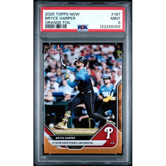 Graded 2025 Topps Now Bryce Harper #187 Orange Foil /25 Baseball Card PSA 9 Mint