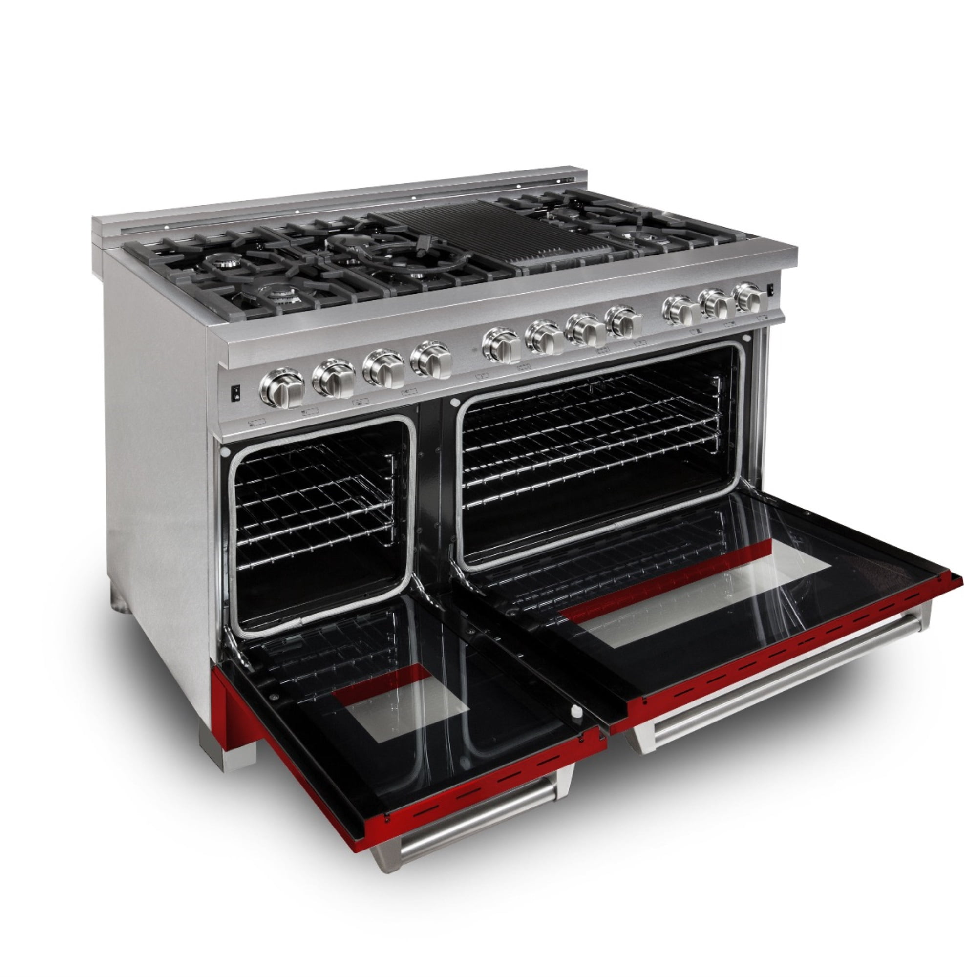 ZLINE 48 in. Professional Dual Fuel Range in DuraSnow Stainless Steel with Red Gloss Door (RAS-RG-48)