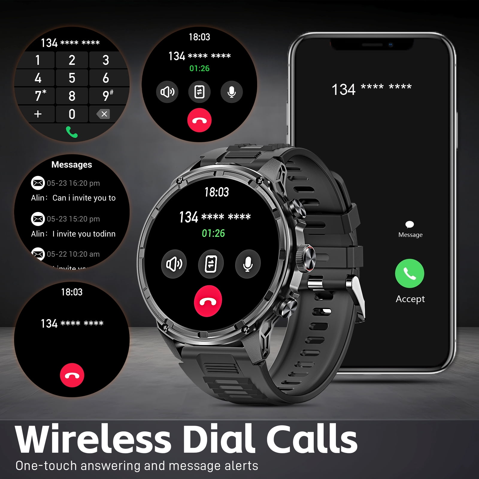 Cyberdyer Men's Smart Watch with Flashlight, 1.85" HD Screen, 100+ Sports Modes, IP67 Waterproof, 40-Day Standby, Compatible with iPhone & Android, Holiday Gift