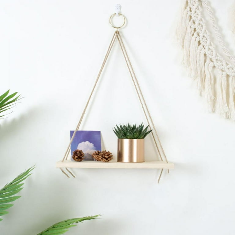 Wood Hanging Shelves Rutic Wall Hanging Shelf Cute Boho Room Decor for Bedroom Bathroom Living Room Rope Farmhouse Aesthetic Wooden Floating
