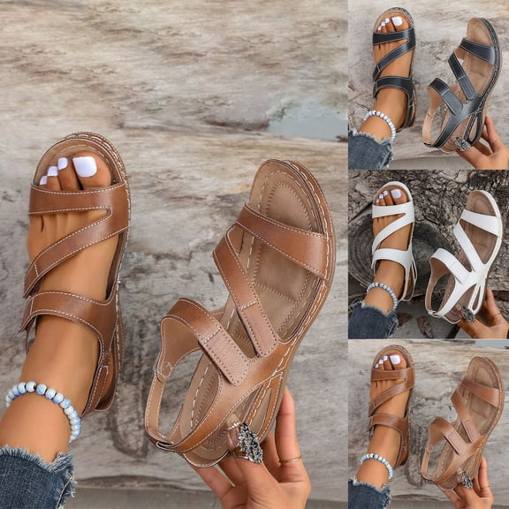 GERsome Wedge Sandals for Women Summer Open Toe Ankle Strap Casual Comfort Walking Sandal, Brown Size 5.5